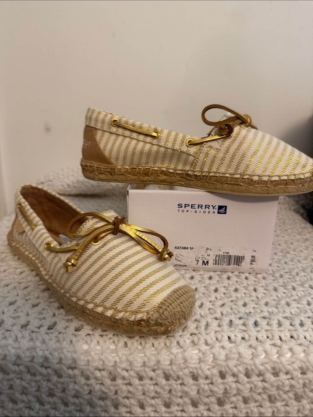 Sperry women’s top-sider katama Gold-Striped White Espadrille Boat Shoes
